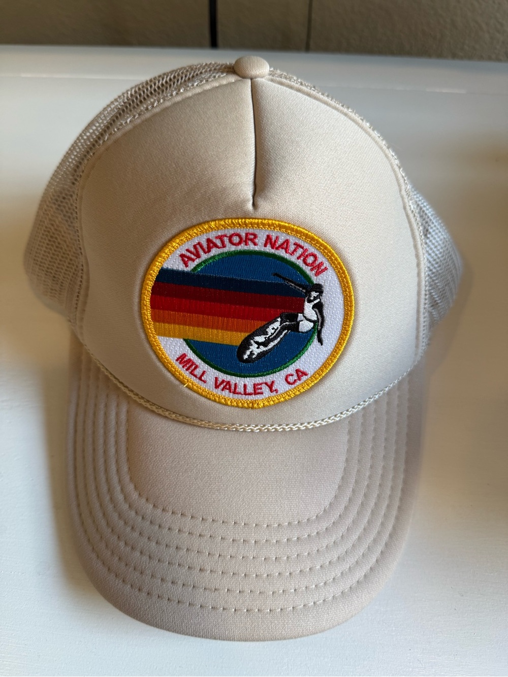 Aviator Nation Beige Trucker Cap with Rainbow Patch